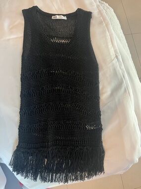 Zara Black Crochet Fringe Sleeveless top